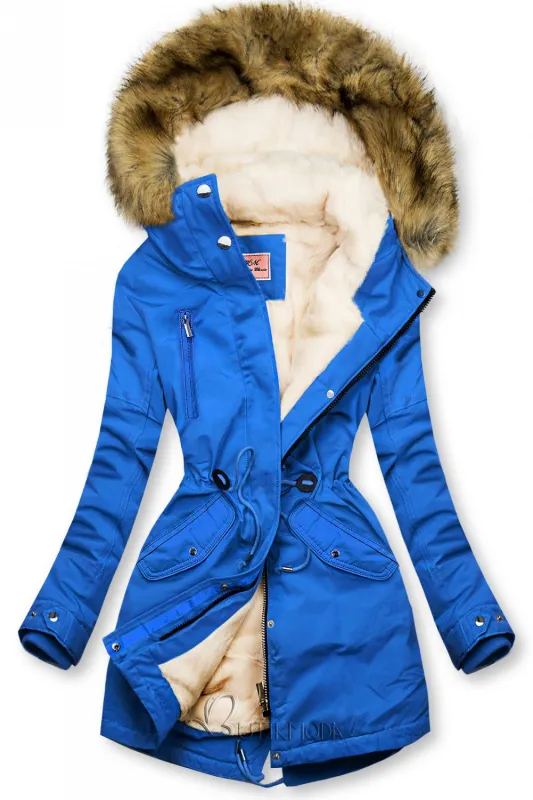 Faux fur blue parka coat
