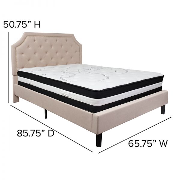Brighton Queen Size Tufted Upholstered Platform Bed in Beige Fabric with Pocket Spring Mattress