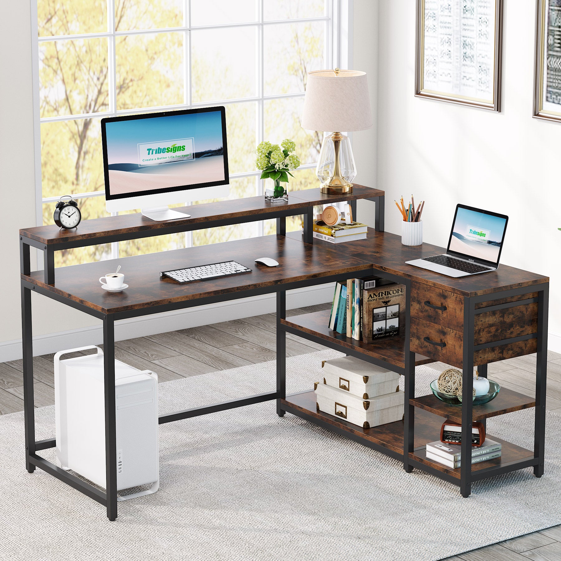 Reversible L-Shaped Desk, Industrial Corner Desk with Drawer & Shelves