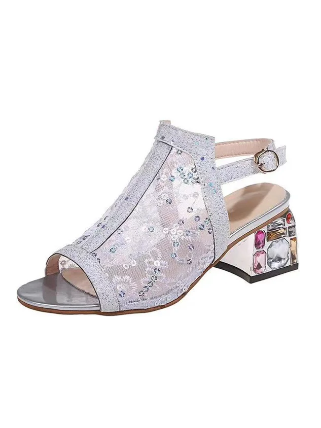 Mesh Sequined Fish Mouth Chunky Heel Sandals
