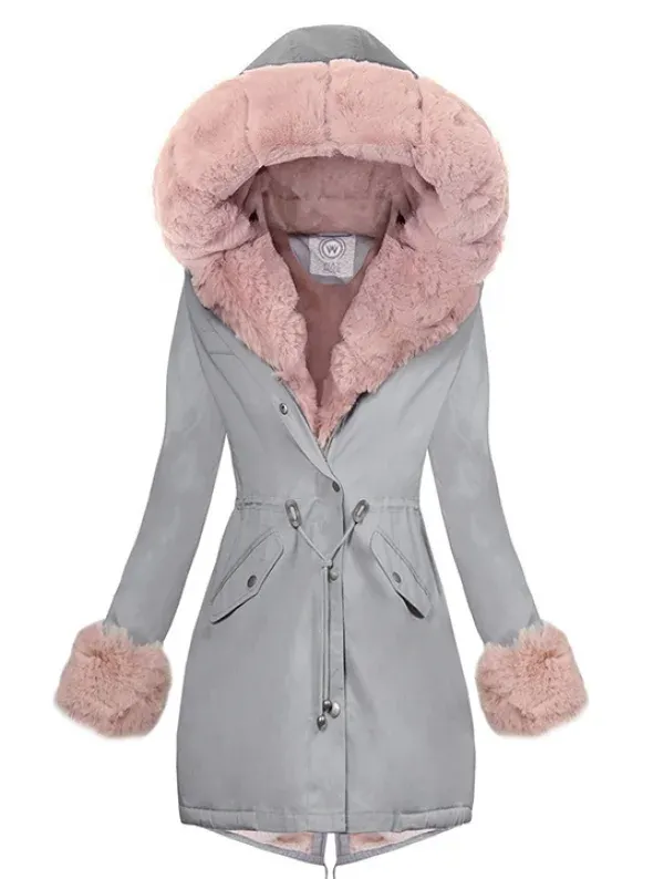 gray and pink Parka coat