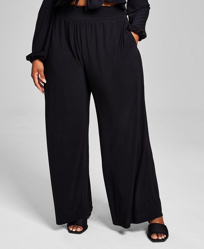 Plus Size High-Rise Knit Crepe Wide-Leg Pants， Created for Macy's
