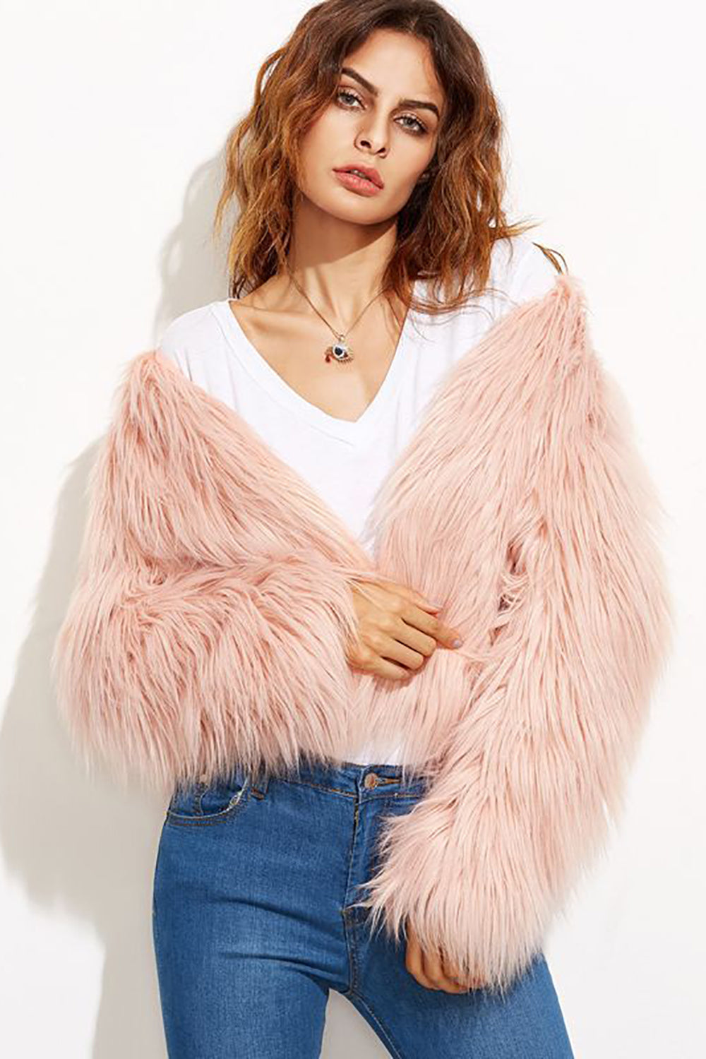 Pink Shawl Collar Cropped Faux Fur Shearling Coat