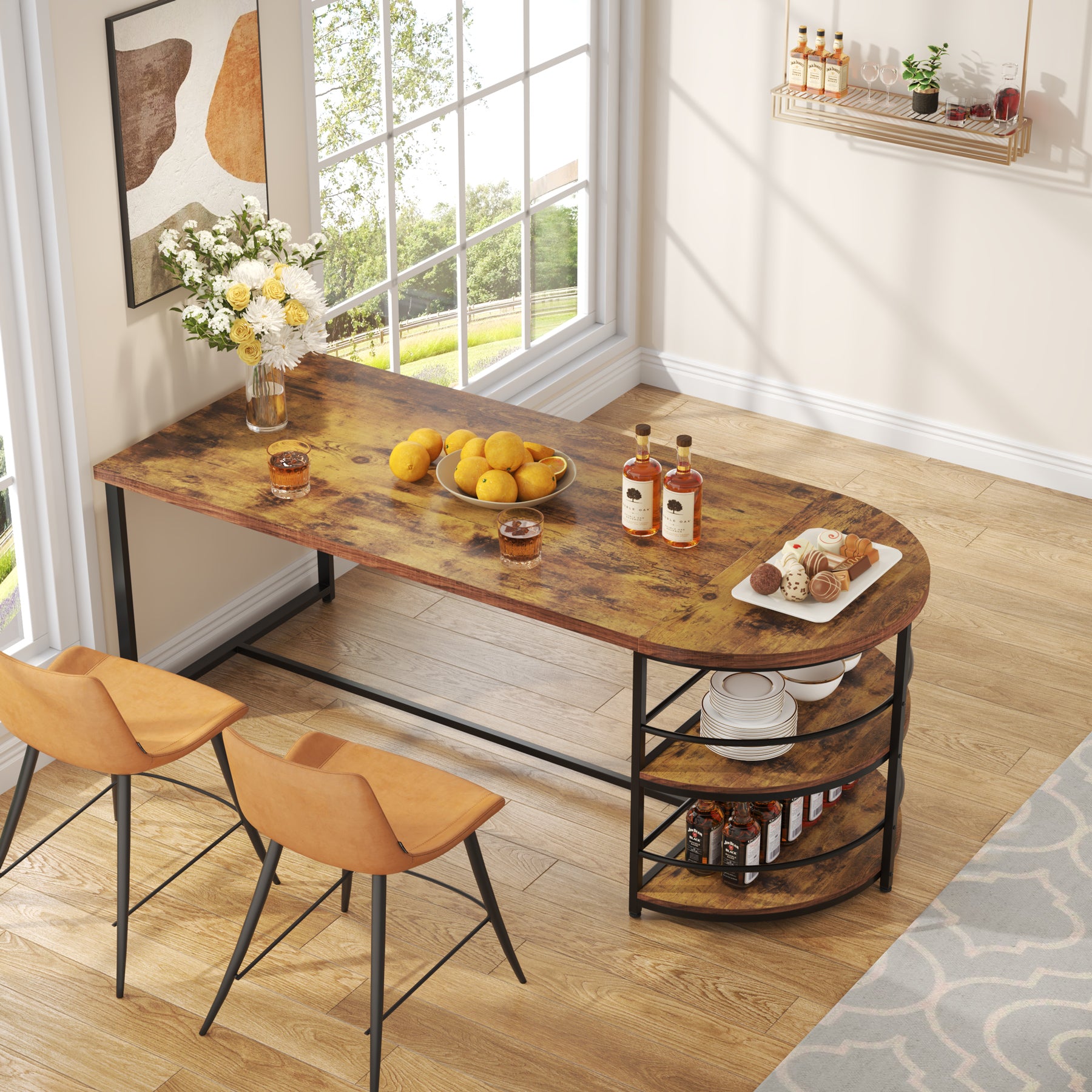 Wood Dining Table, 70.5'' Kitchen Table with Storage Shelves