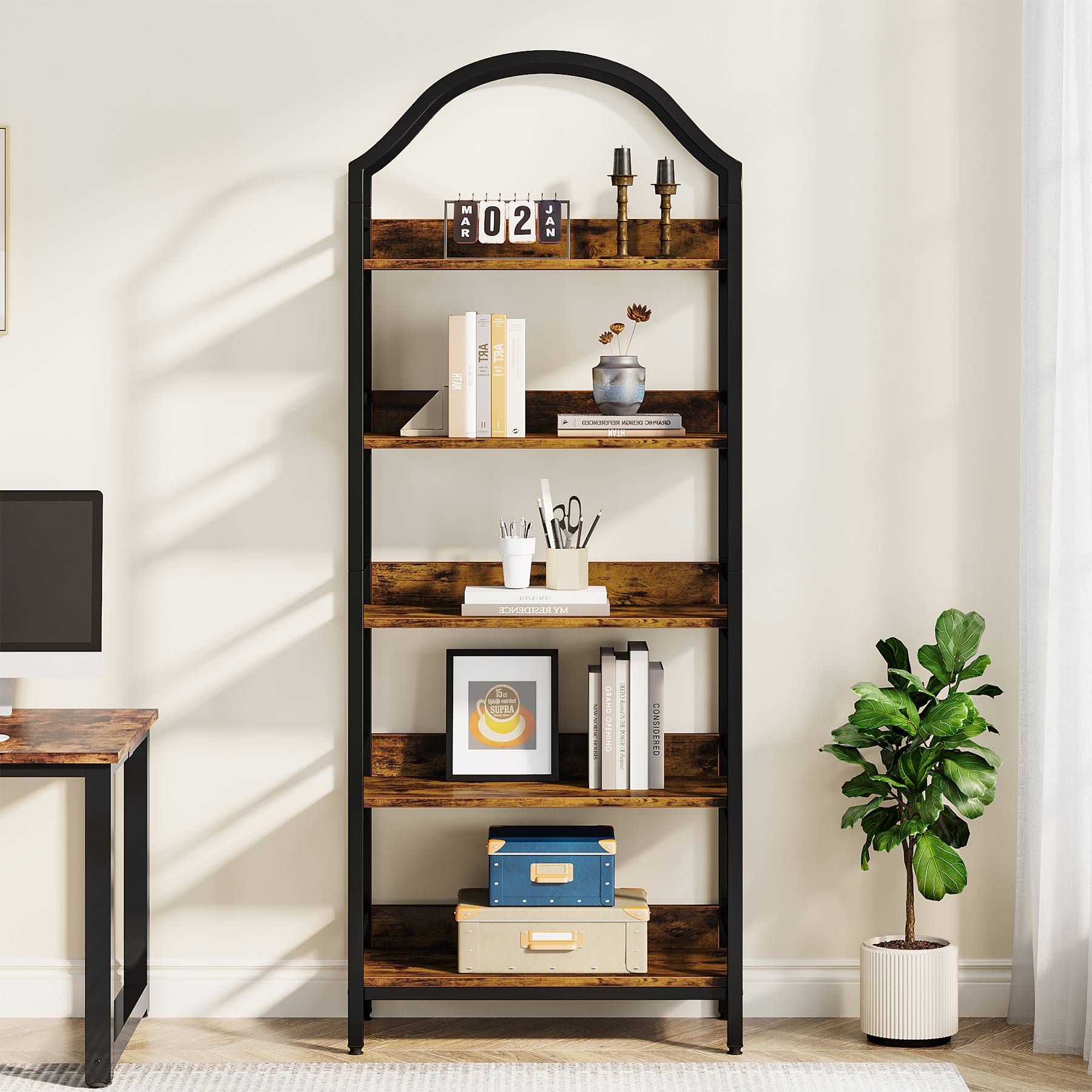 5-Tier Bookshelf, Industrial Arched Bookcase 73