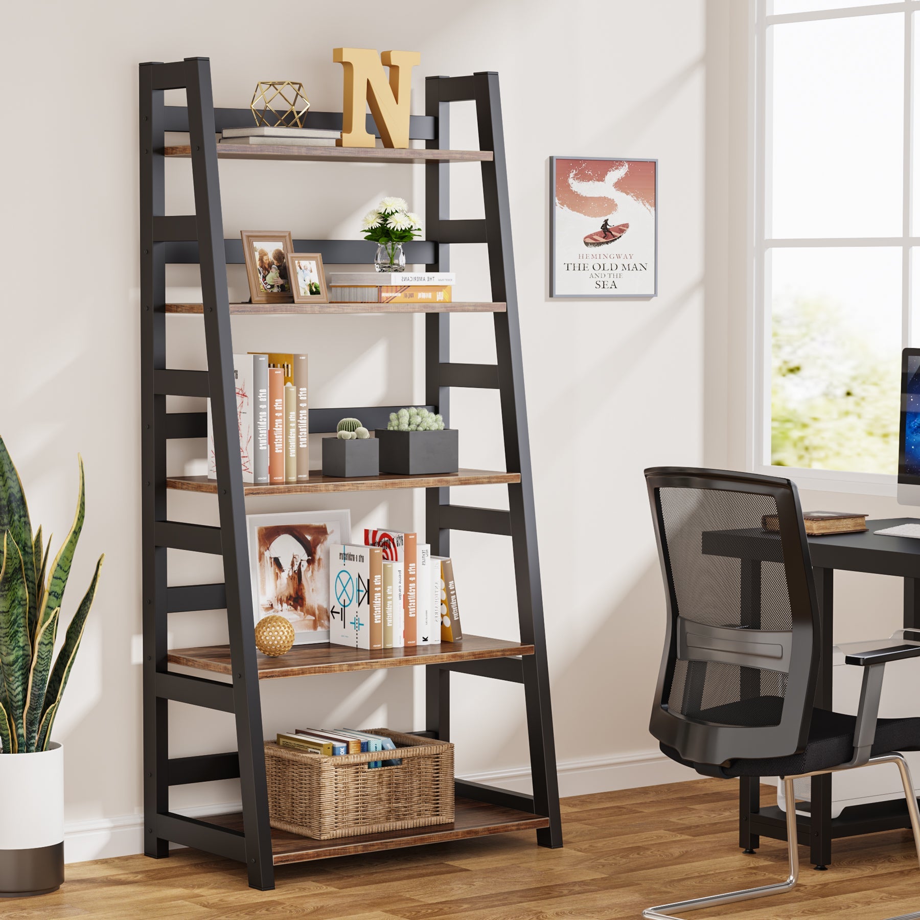 5-Tier Bookshelf, Ladder Bookcase Etagere Storage Shelf