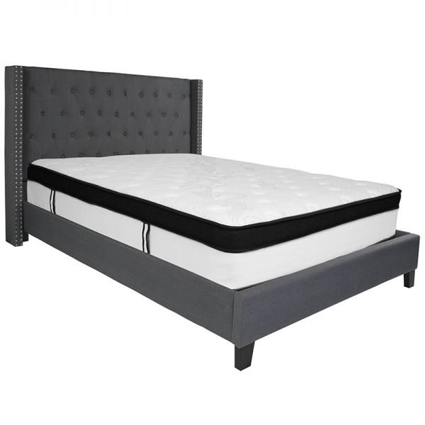 Riverdale Queen Size Tufted Upholstered Platform Bed in Dark Gray Fabric with Memory Foam Mattress