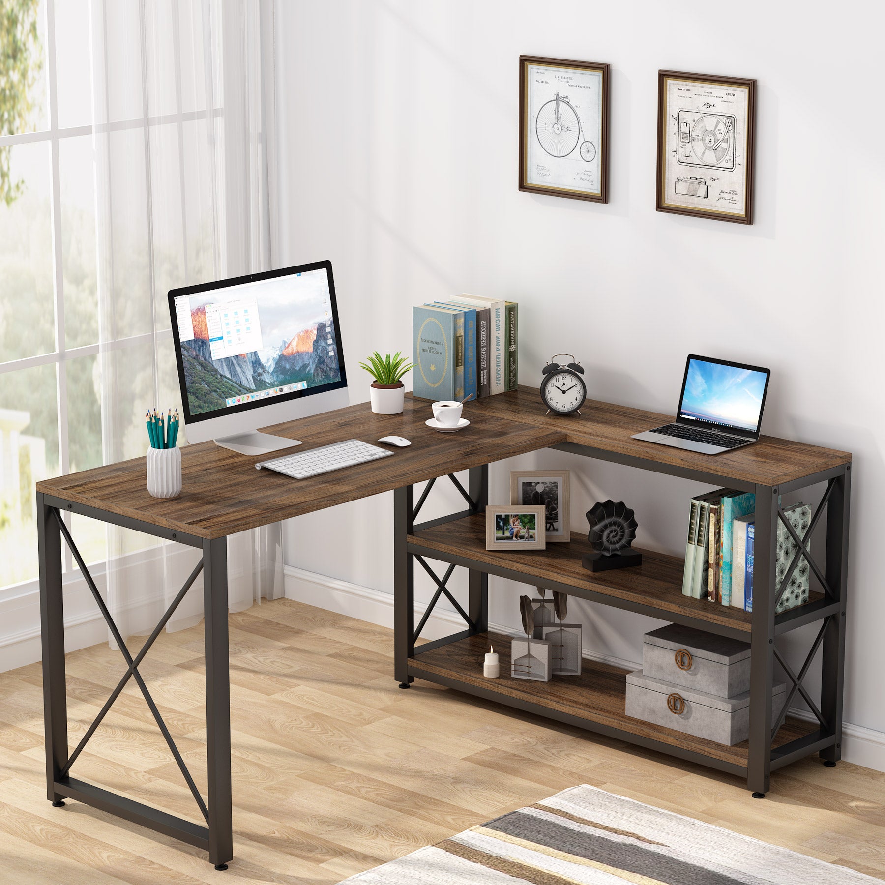 Reversible L-Shaped Desk, Corner Computer Desk with Shelves