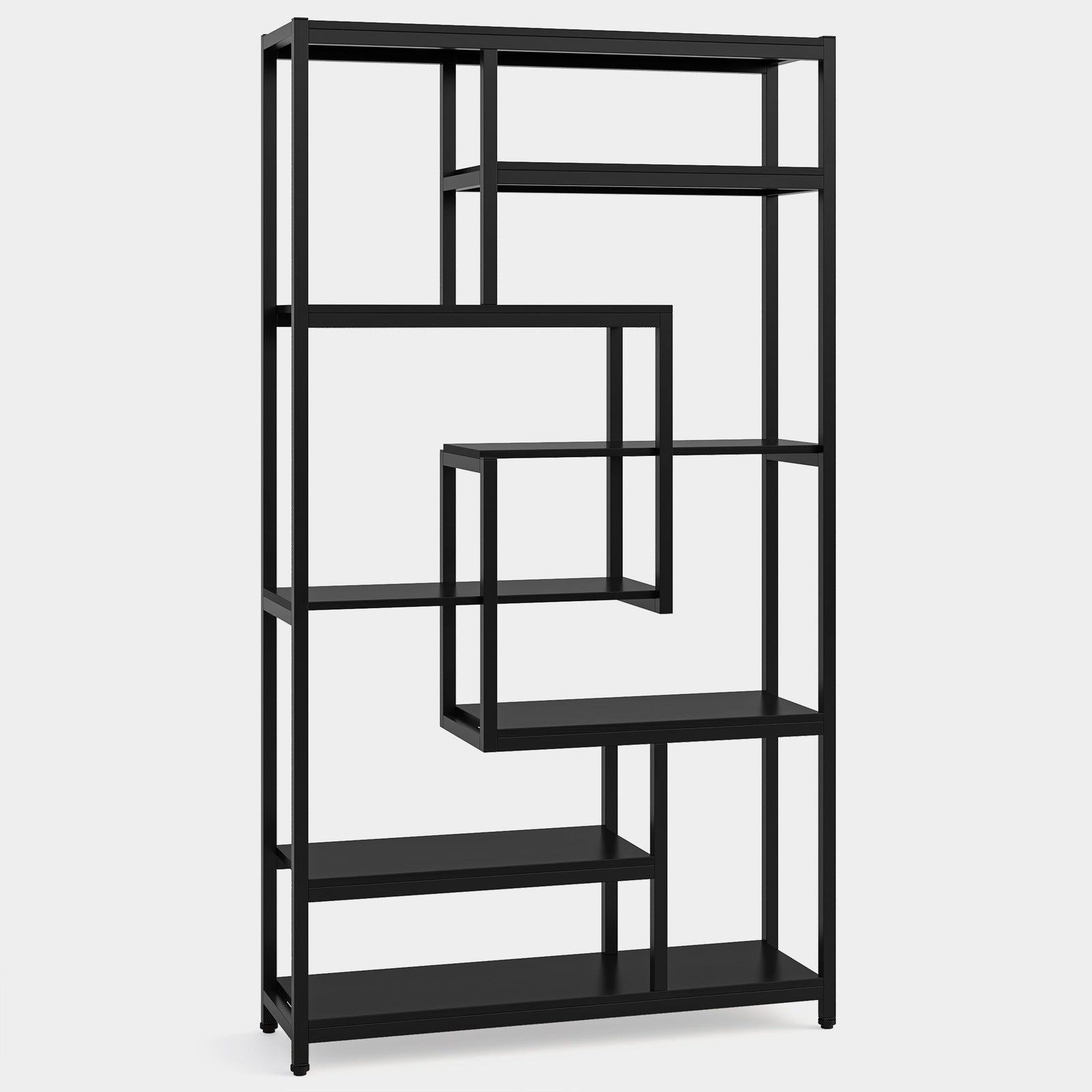 8-Shelf Staggered Bookshelf,  Industrial Etagere Bookcase