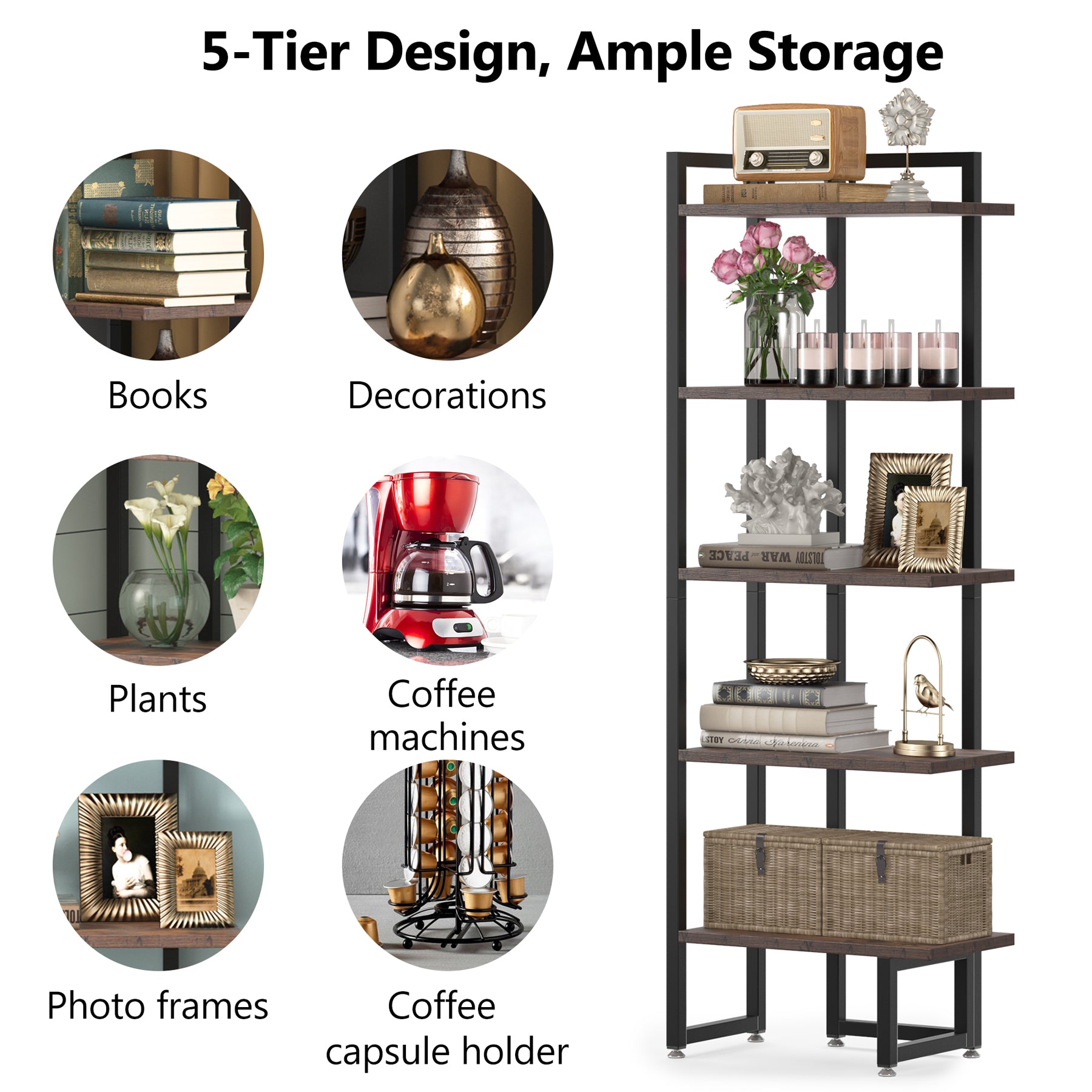 Industrial Corner Shelf, 5-Tier Corner Bookshelf  Storage Rack