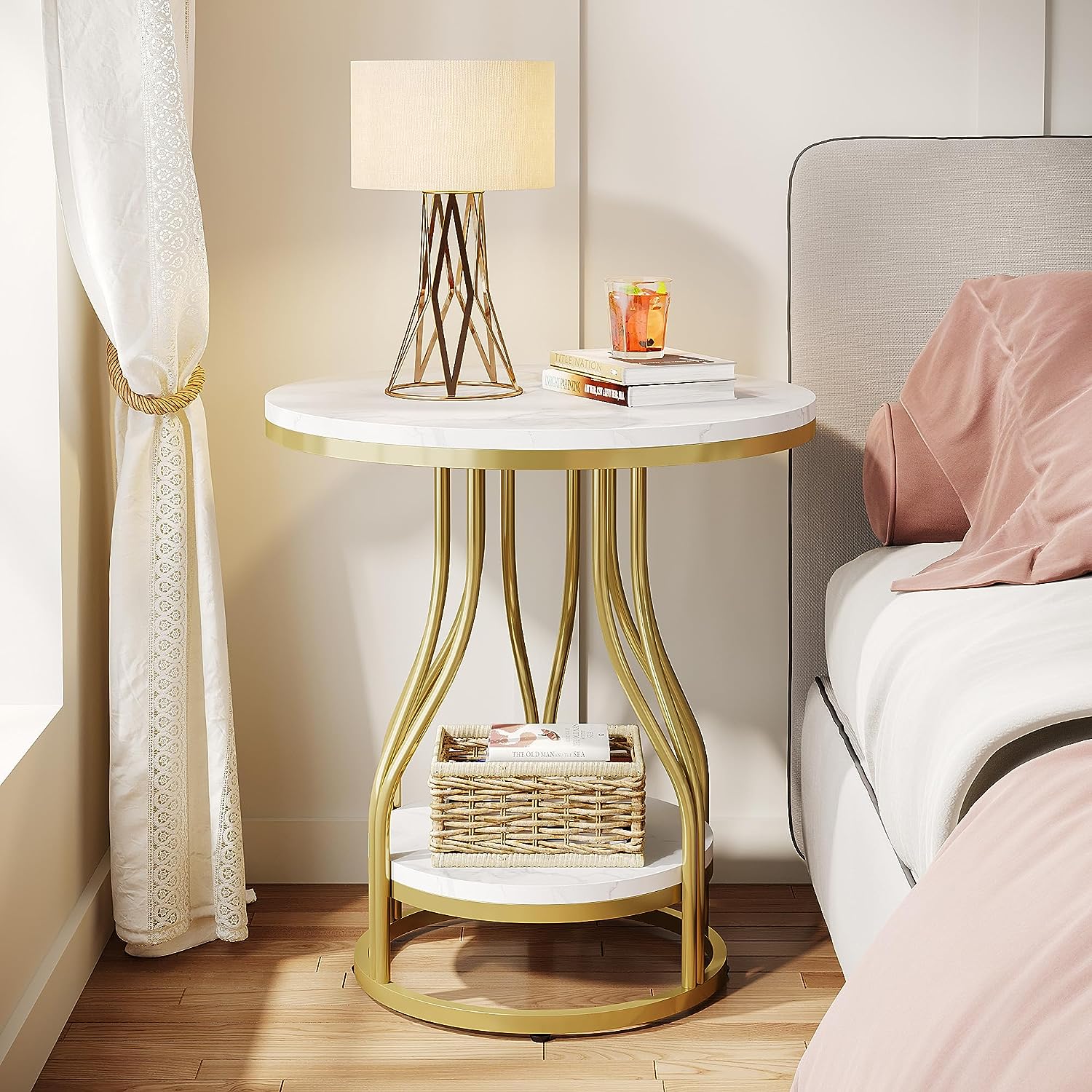 2-Tier End Table, Round Sofa Side Table with Metal Frame