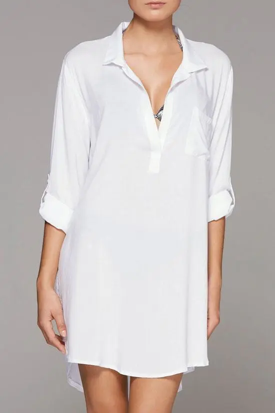 OVERSIZE SPLIT SIDES BUTTON-UP TUNIC COVER UP WHITE BLOUSE