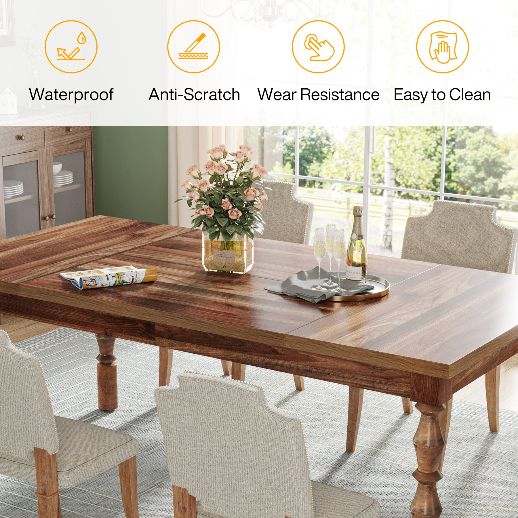 Wood Dining Table, 62” Kitchen Table with Carved Turned Legs for 4-6 People