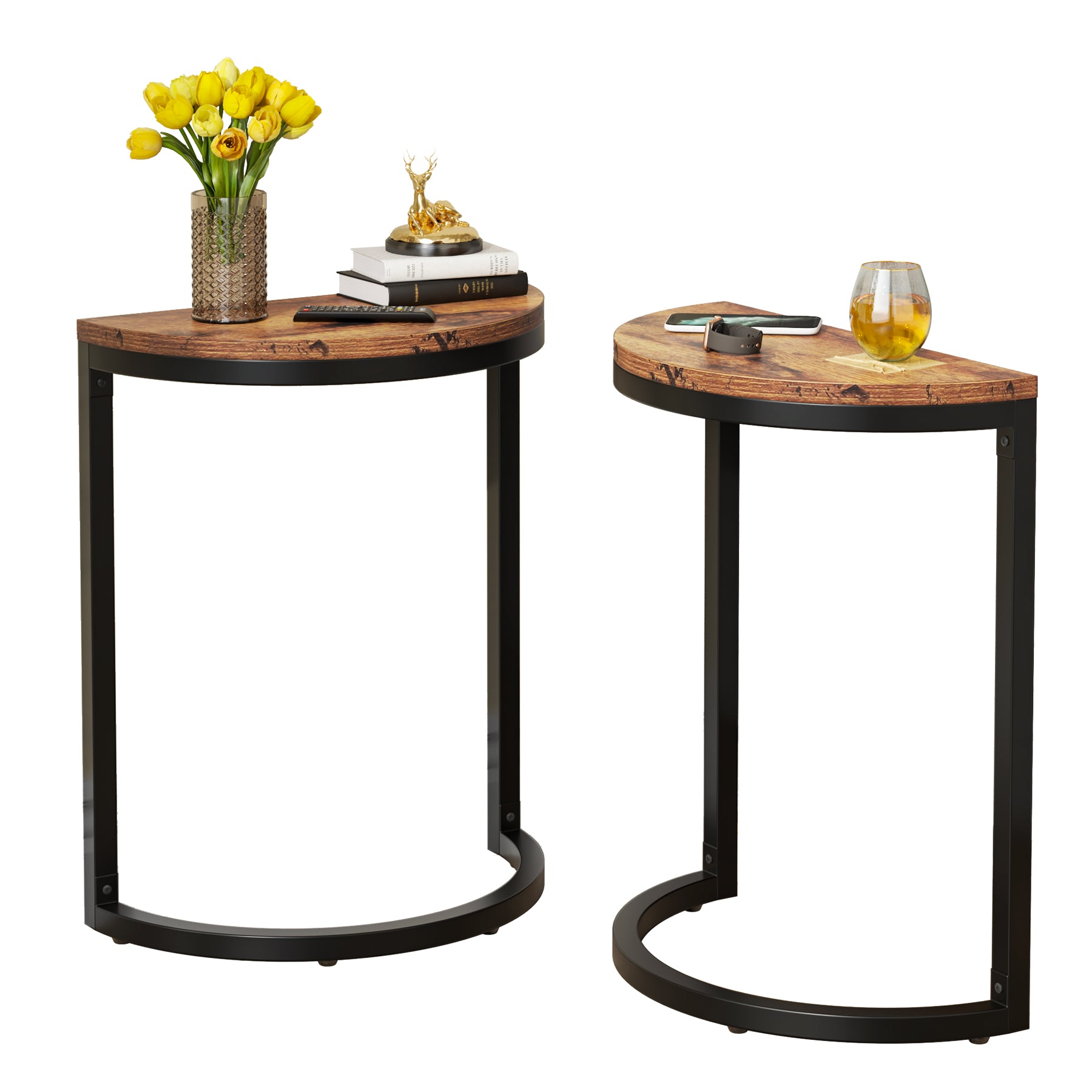 Half Round End Table, Narrow Side Table with Metal Frame