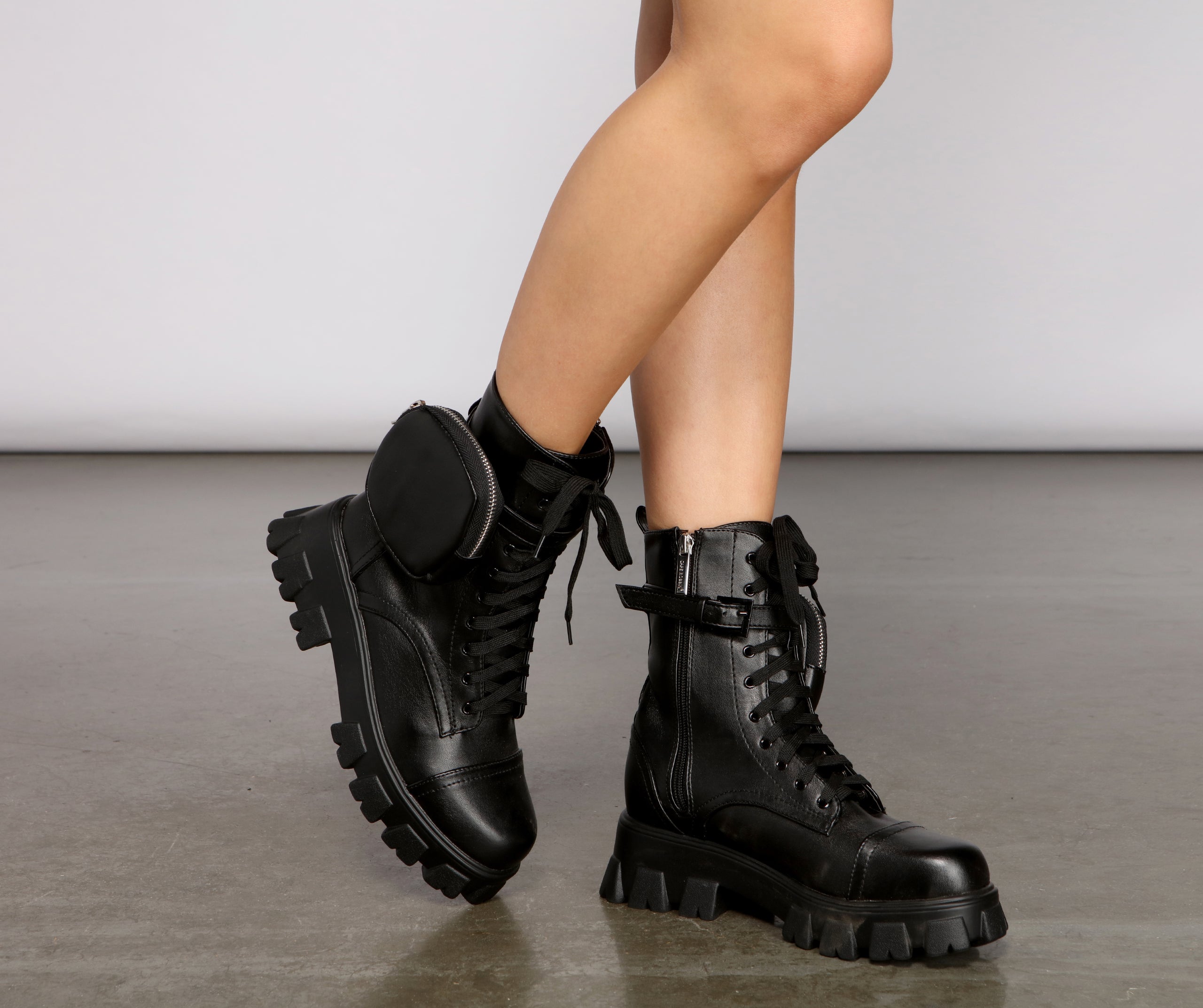 Faux Leather Lug Boots With Pocket