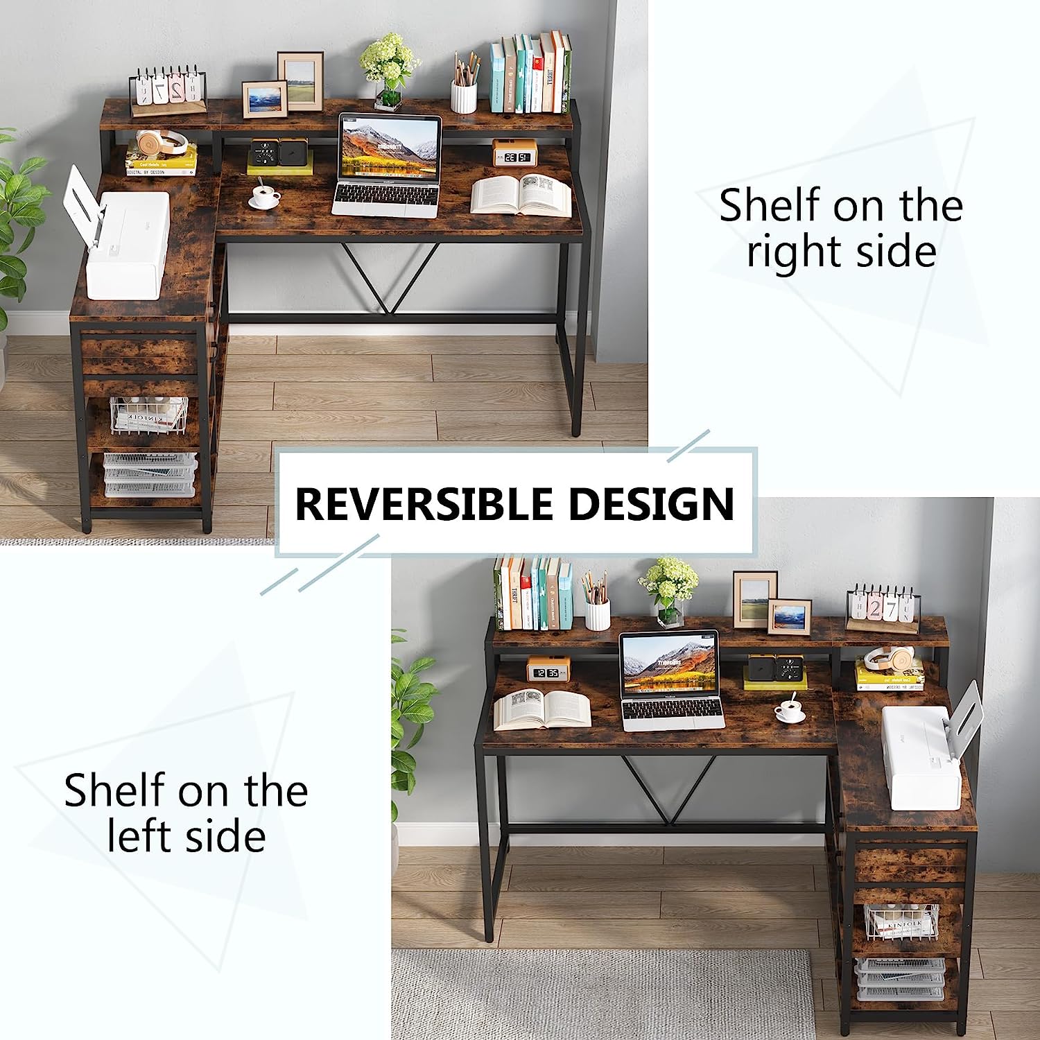 Reversible L-Shaped Desk, Industrial Corner Desk with Drawer & Shelves