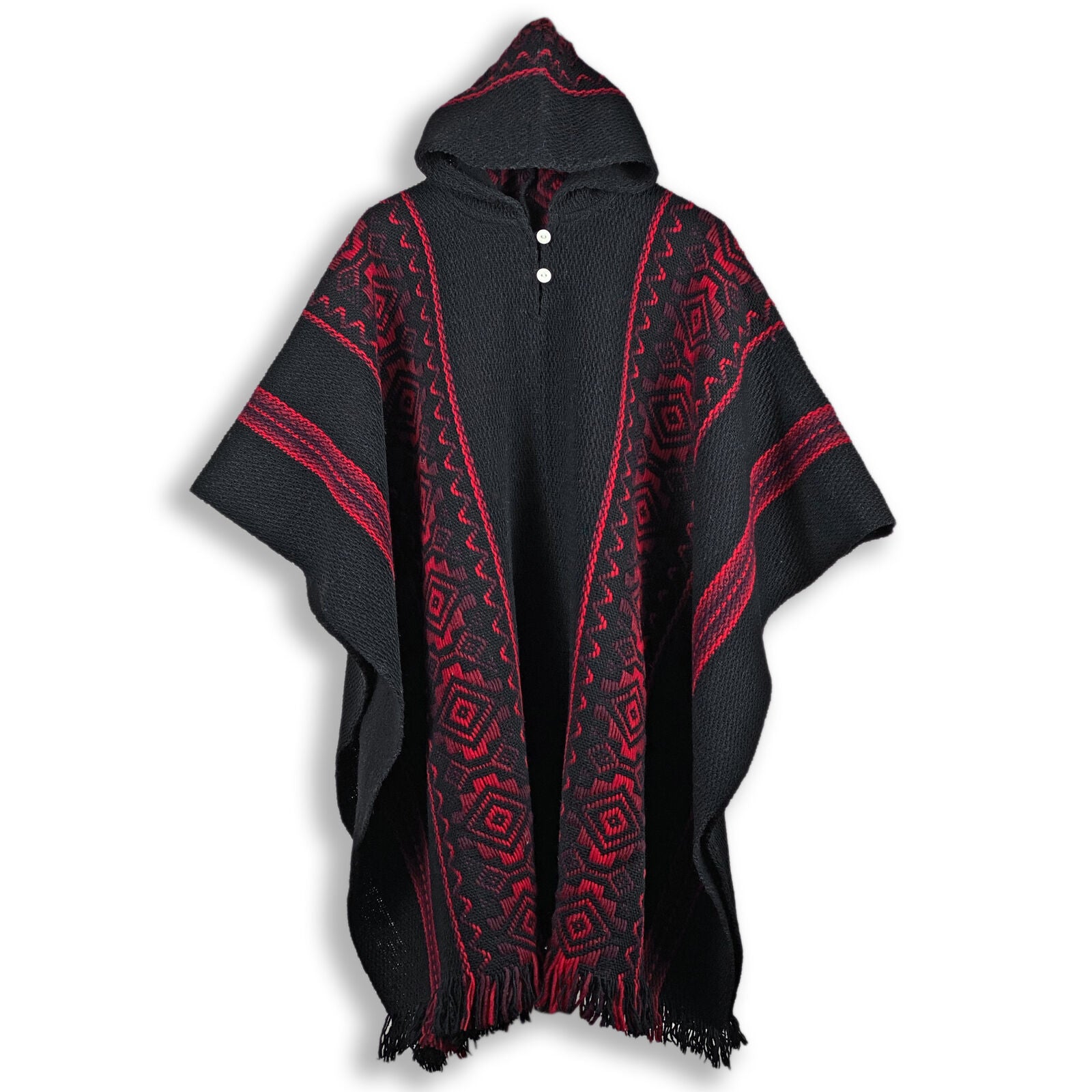 Unisex South American Handwoven Hooded Poncho - solid black with red diamonds pattern
