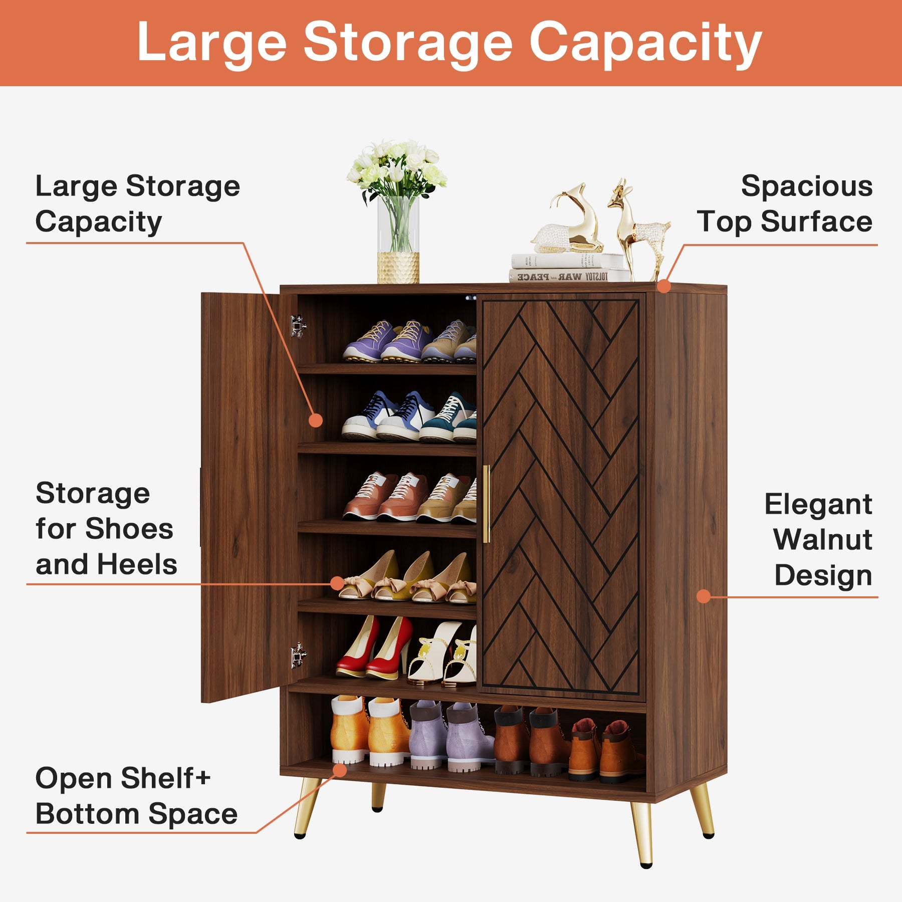 Walnut Shoe Cabinet, 6-Tier Wooden Shoe Organizer with Adjustable Shelves