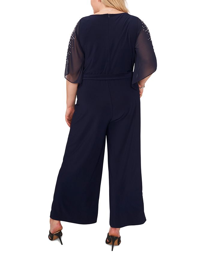 Plus Size Beaded-Sleeve Cowlneck Jumpsuit
