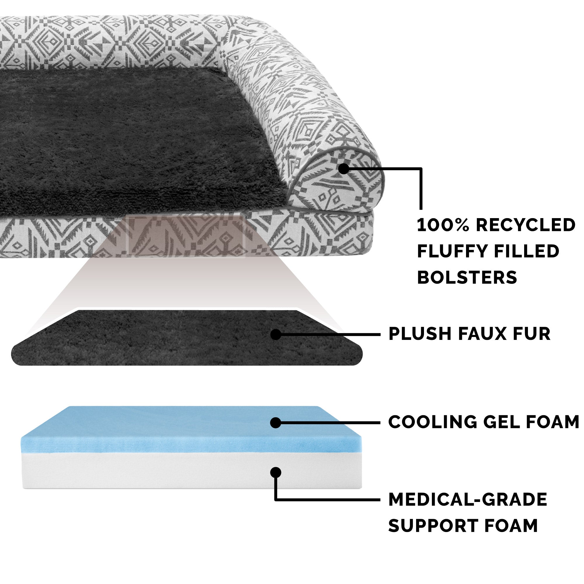 FurHaven | Cooling Gel Southwest Kilim Sofa Pet Bed for Dogs and Cats， Boulder Gray， Jumbo Plus