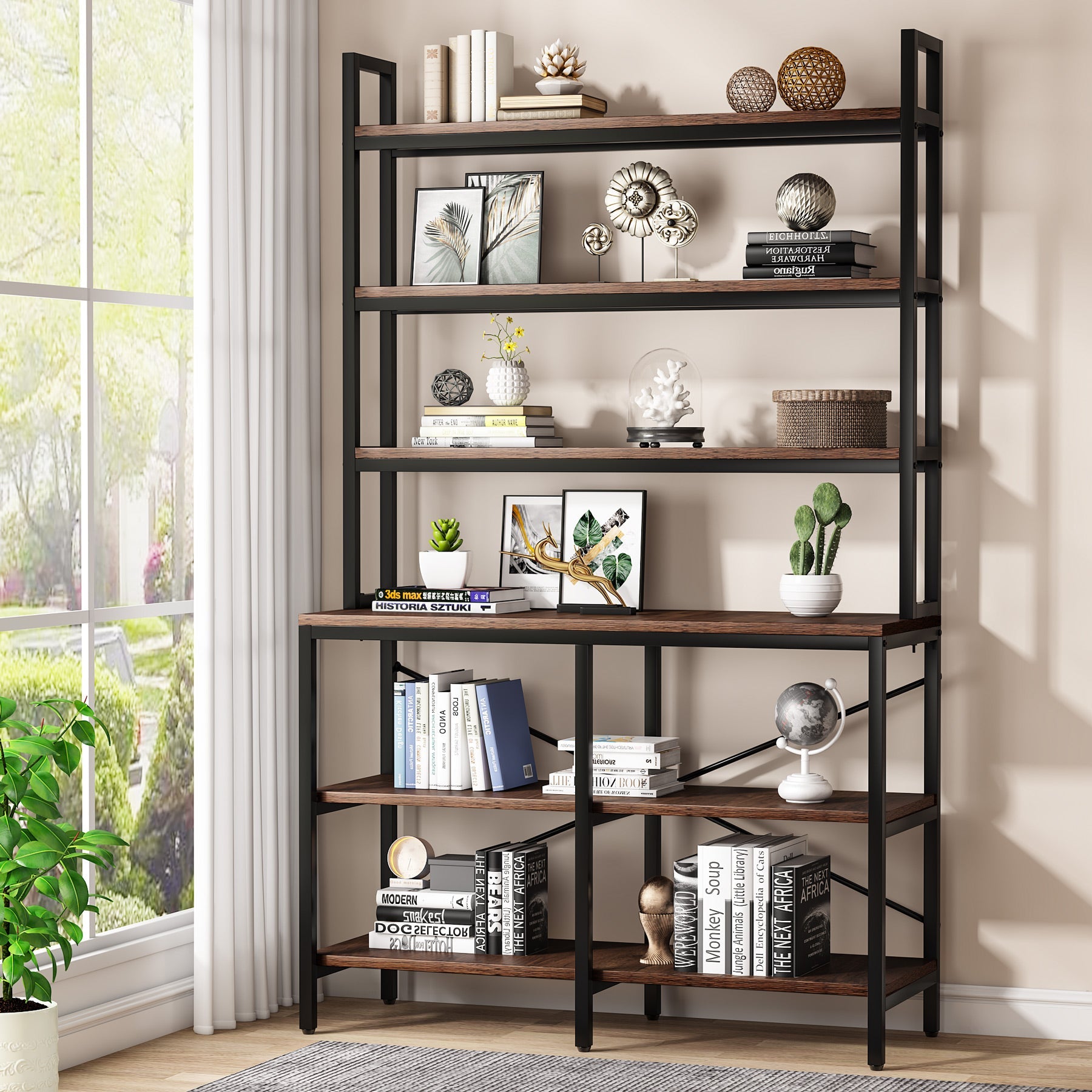 6-Tier Bookshelf, Industrial Etagere Bookcase Storage Rack