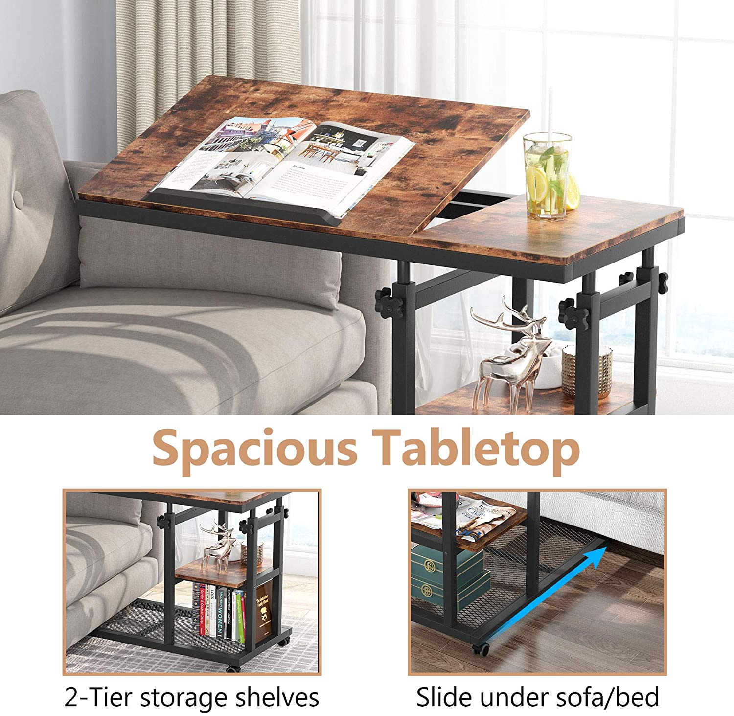 Height Adjustable C Table, Mobile Side Table with Tiltable Drawing Board