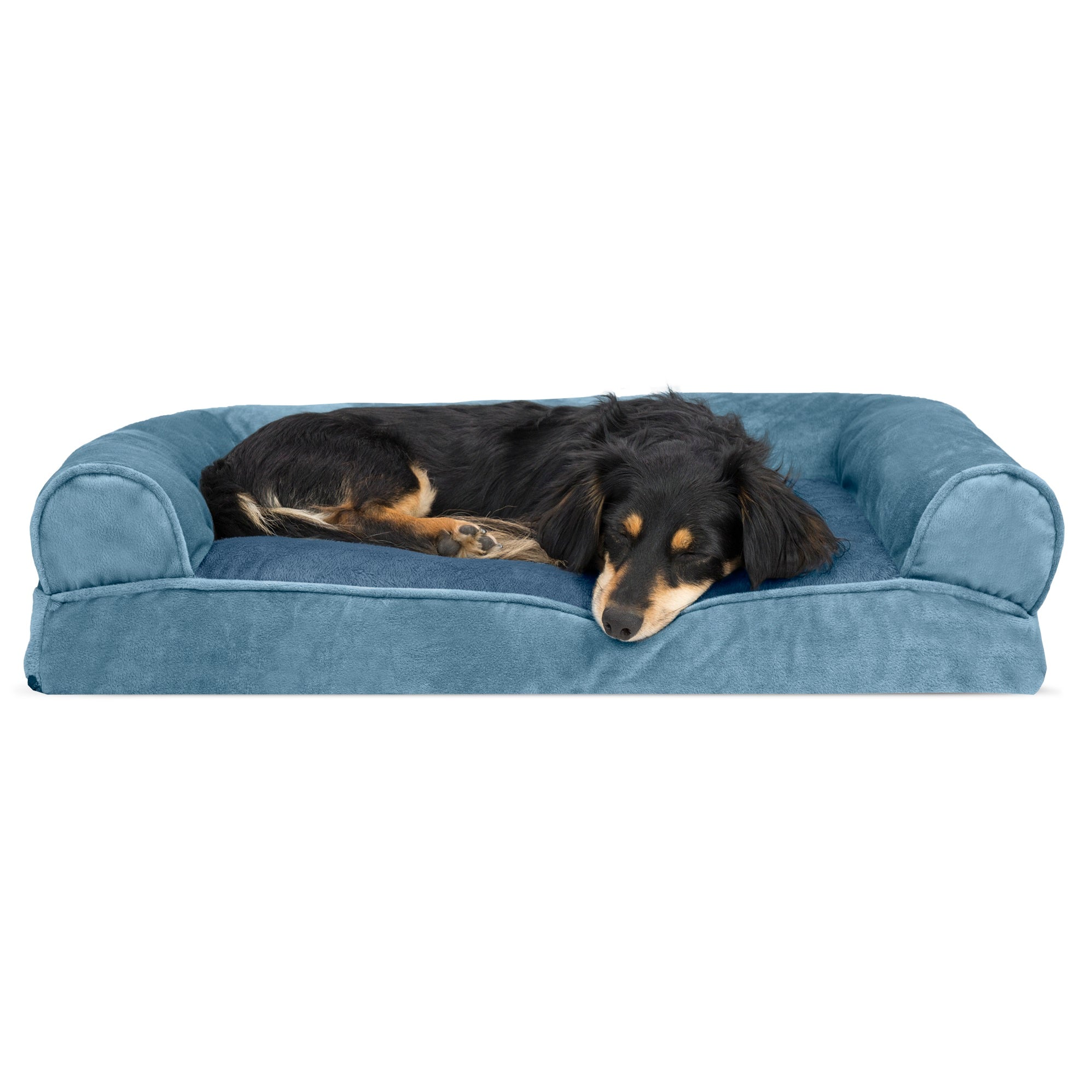 Furhaven Pet Products | Faux Fur and Velvet Pillow Sofa Pet Bed for Dogs and Cats， Harbor Blue， Medium