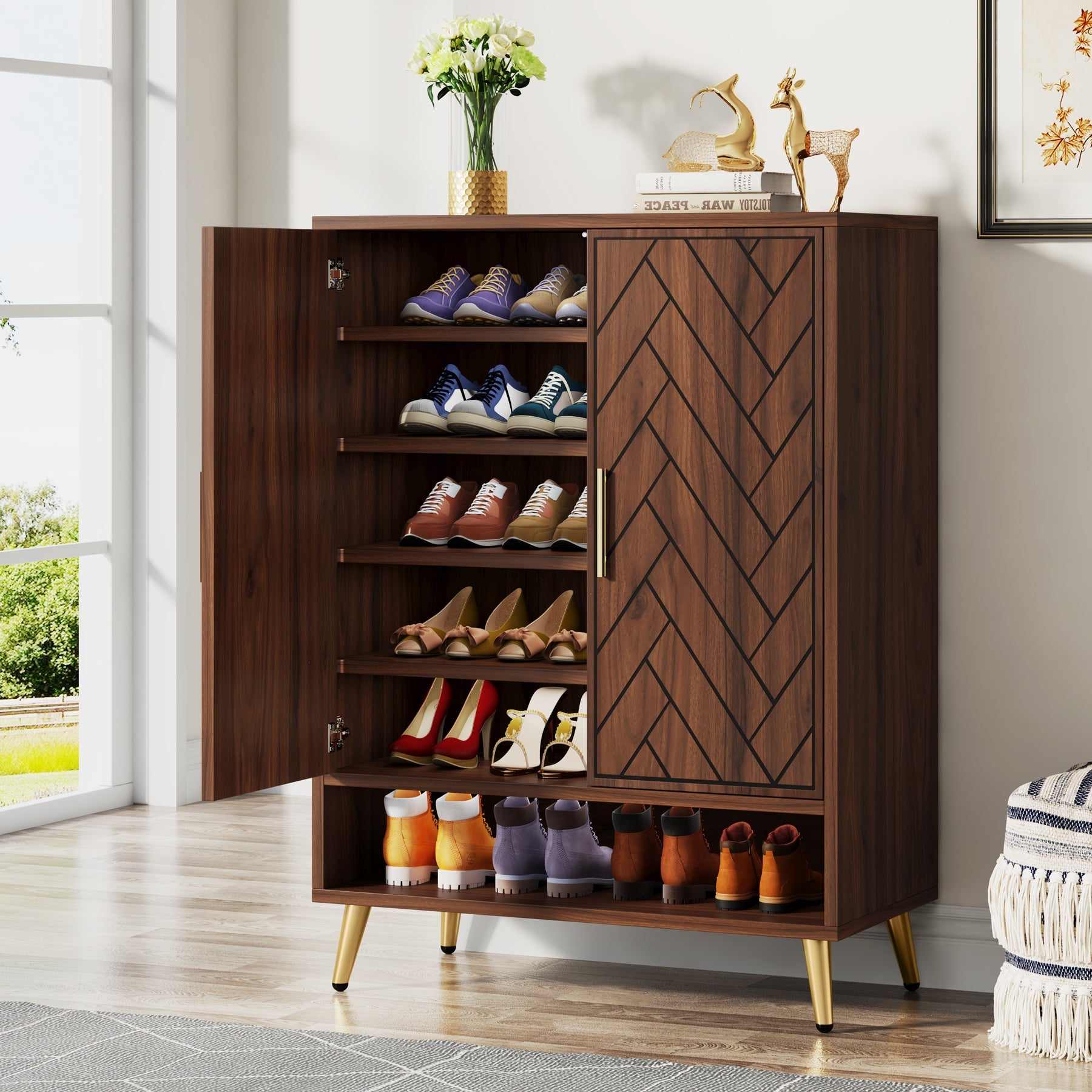 Walnut Shoe Cabinet, 6-Tier Wooden Shoe Organizer with Adjustable Shelves