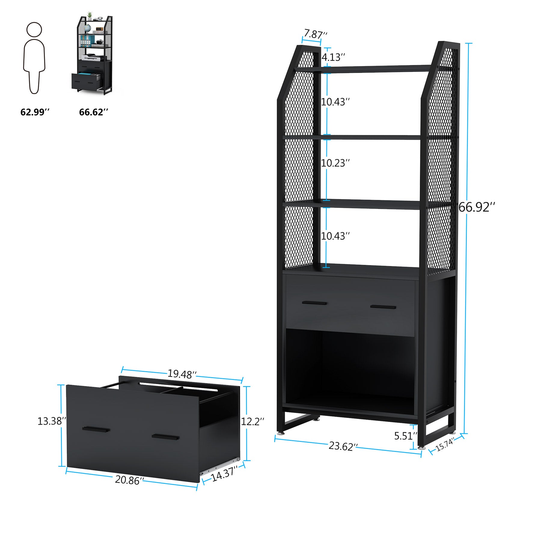 2-Drawer File Cabinet, Vertical Filing Cabinet with Bookshelf