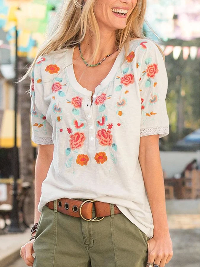 Women's Embroidered Lace Casual Short Sleeved Shirt