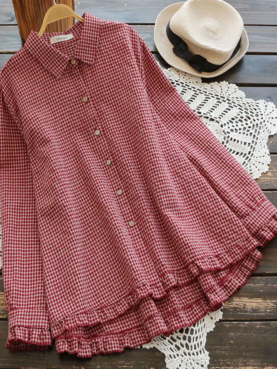 Cotton And Linen Ruffled Plaid Lapel Long-sleeved Blouse