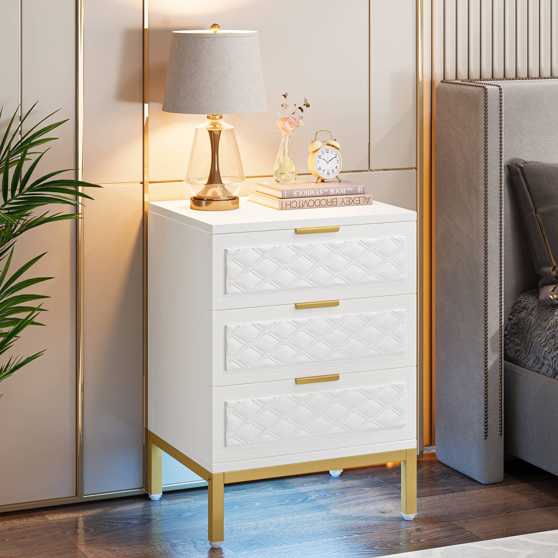 3-Drawer Nightstand, Modern Beside Table End Table with Golden Legs