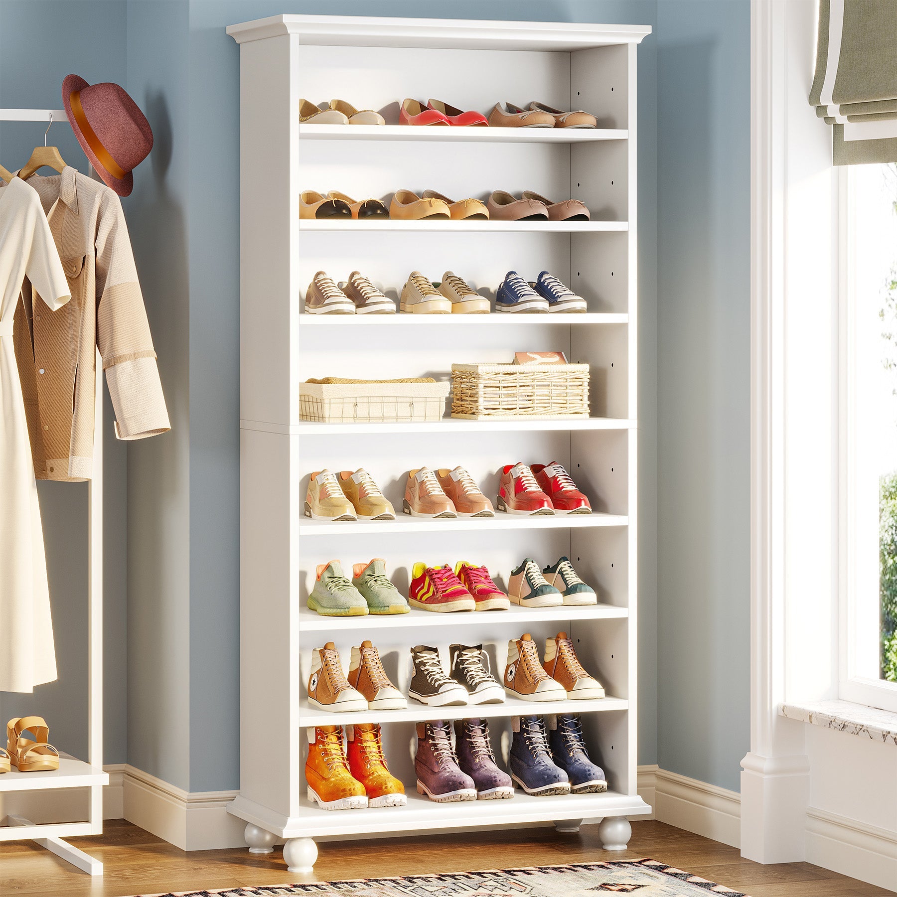 9-Tier Wood Shoe Cabinet Rack with LED Lighting & Solid Wood Legs