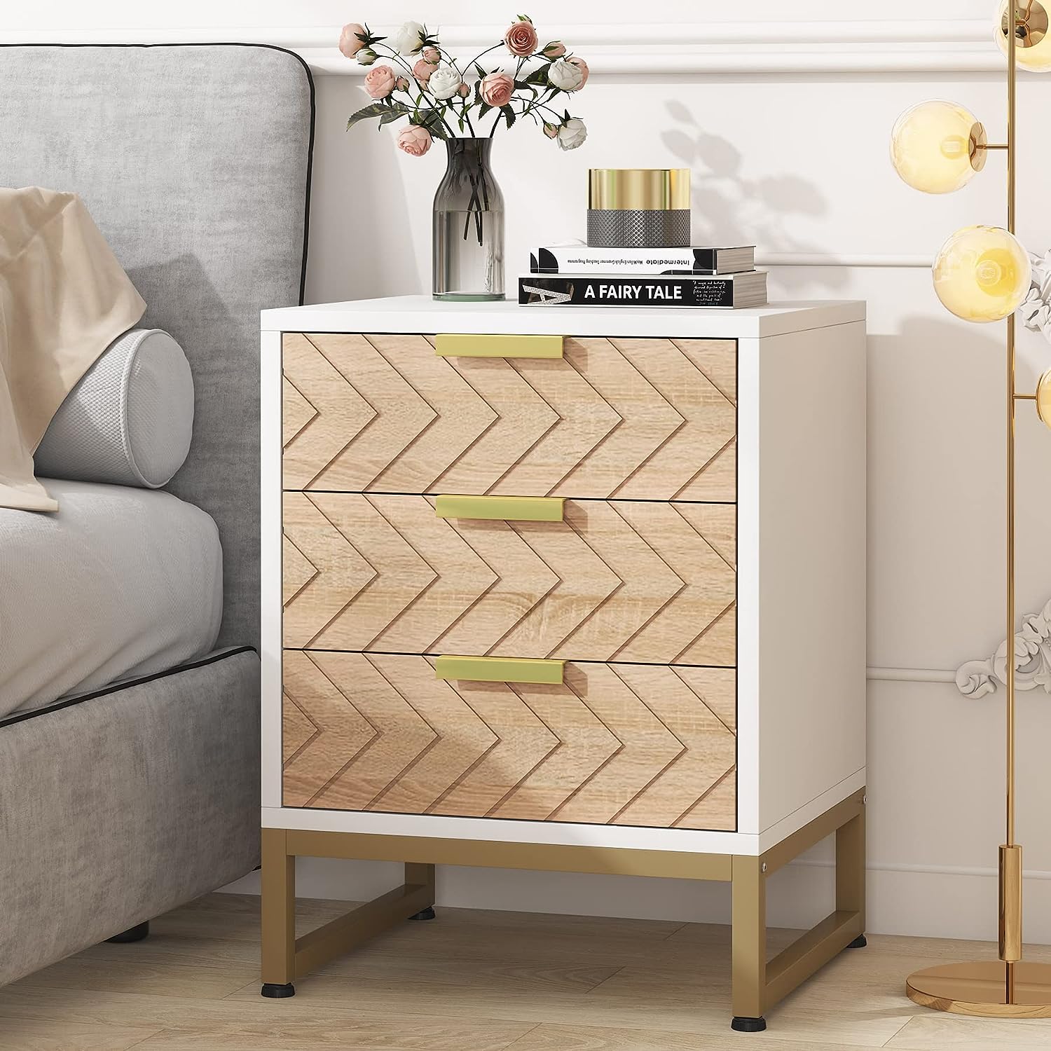 3 Drawers Nightstand, Modern Bedside End Table with Metal Frame