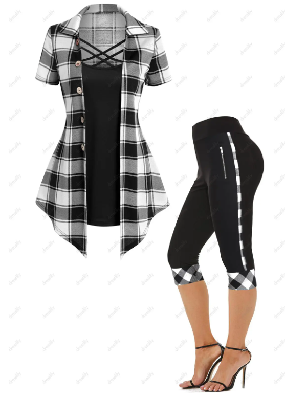 Plaid Print Mock Button Crisscross Faux Twinset T Shirt And High Waist Capri Leggings Set Summer Outfit