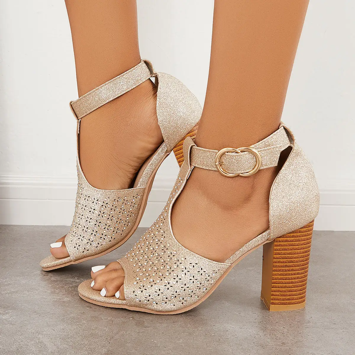 Shiny T-Strap Chunky High Heels Ankle Strap Dress Sandals