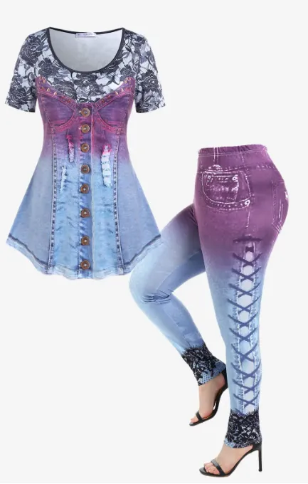 3D Ripped Denim Print T-shirt and High Waist 3D Denim Lace Print Jeggings Plus Size Outfit