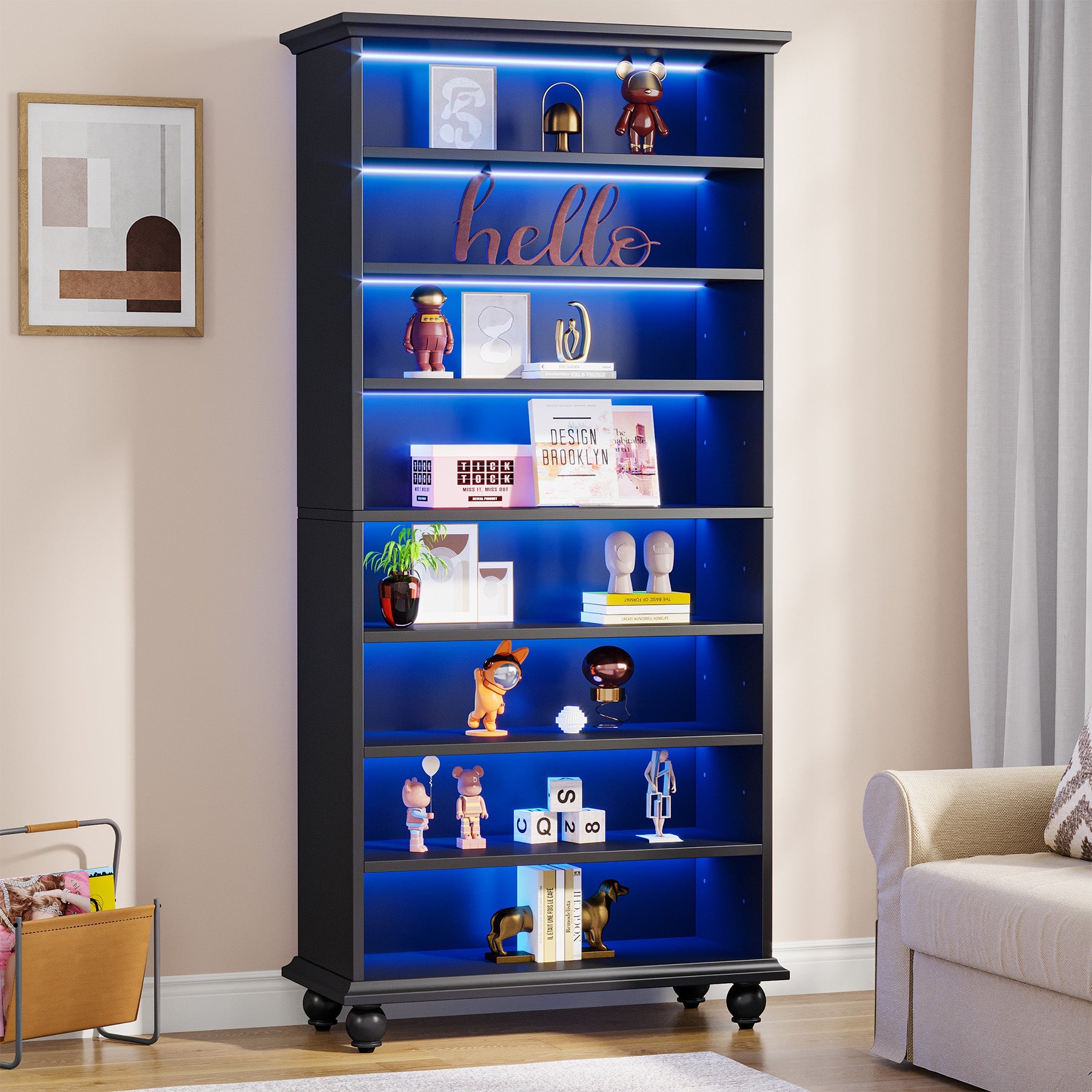 9-Tier Bookcase Wood Bookshelf with LED Lighting & Solid Wood Legs