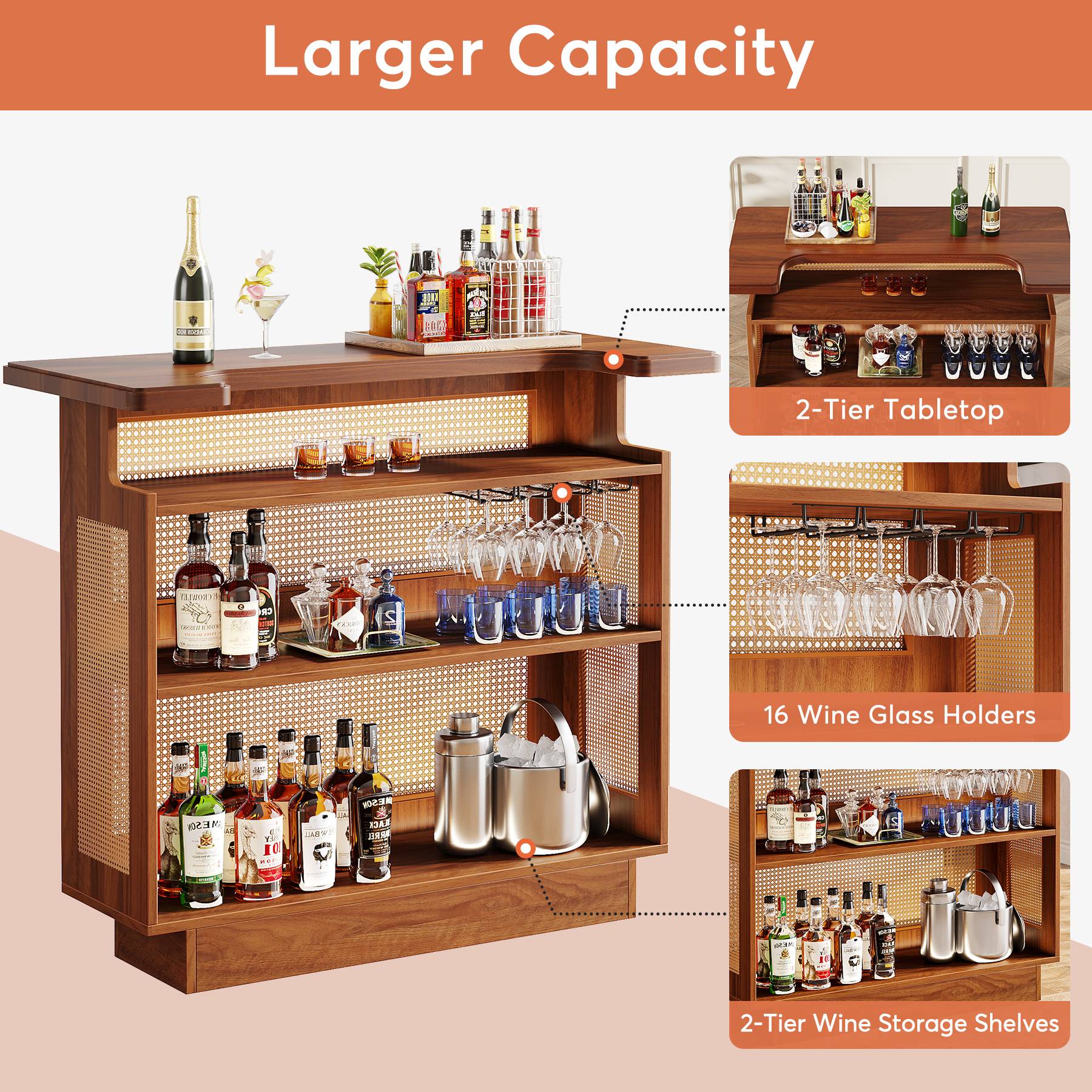 Rattan Home Bar Unit, 4-Tier Liquor Wine Bar Cabinet with Stemware Racks