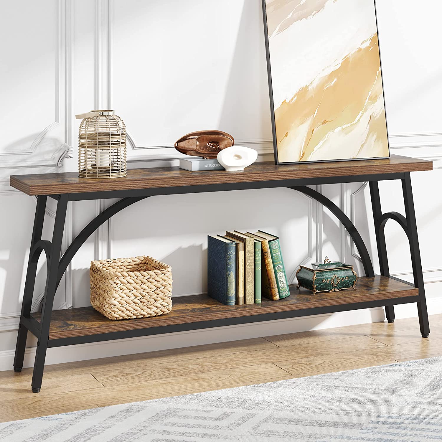 2-Tier Console Table, 70.8” Sofa Table Hallway Table with Open Shelves