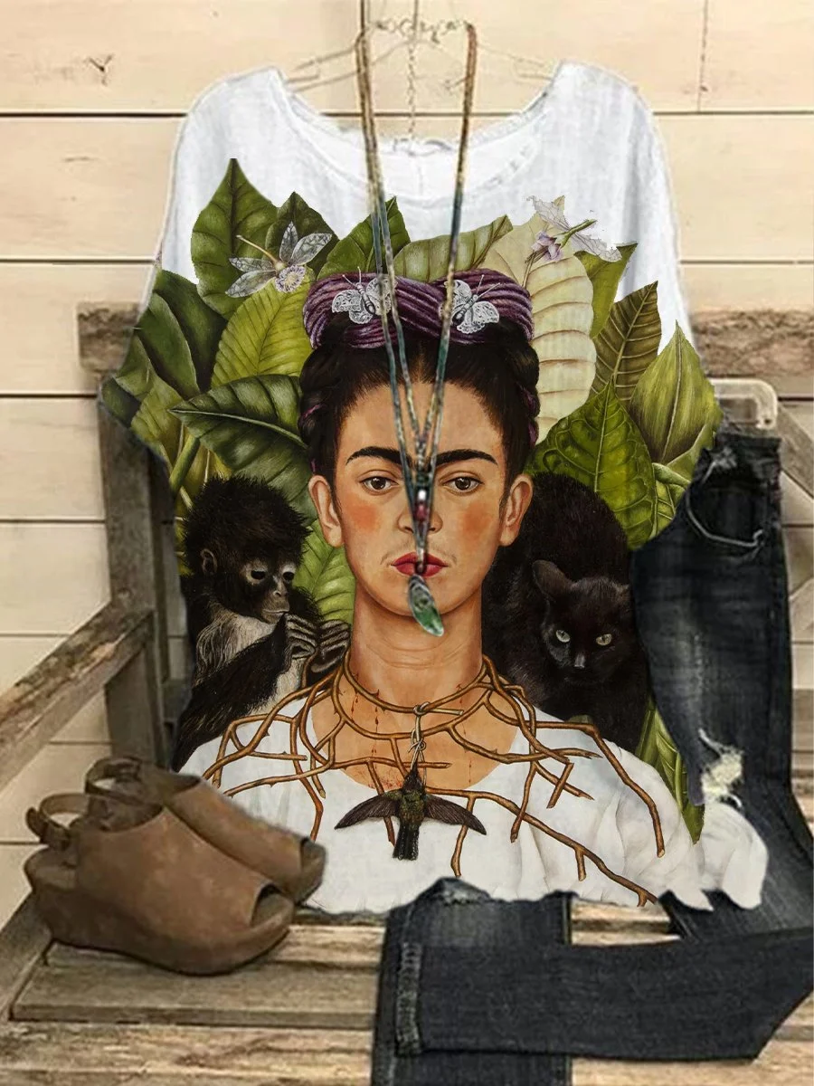 Women's Butterfly Monkey Black Cat Frida Khalo Print Cotton Linen Top