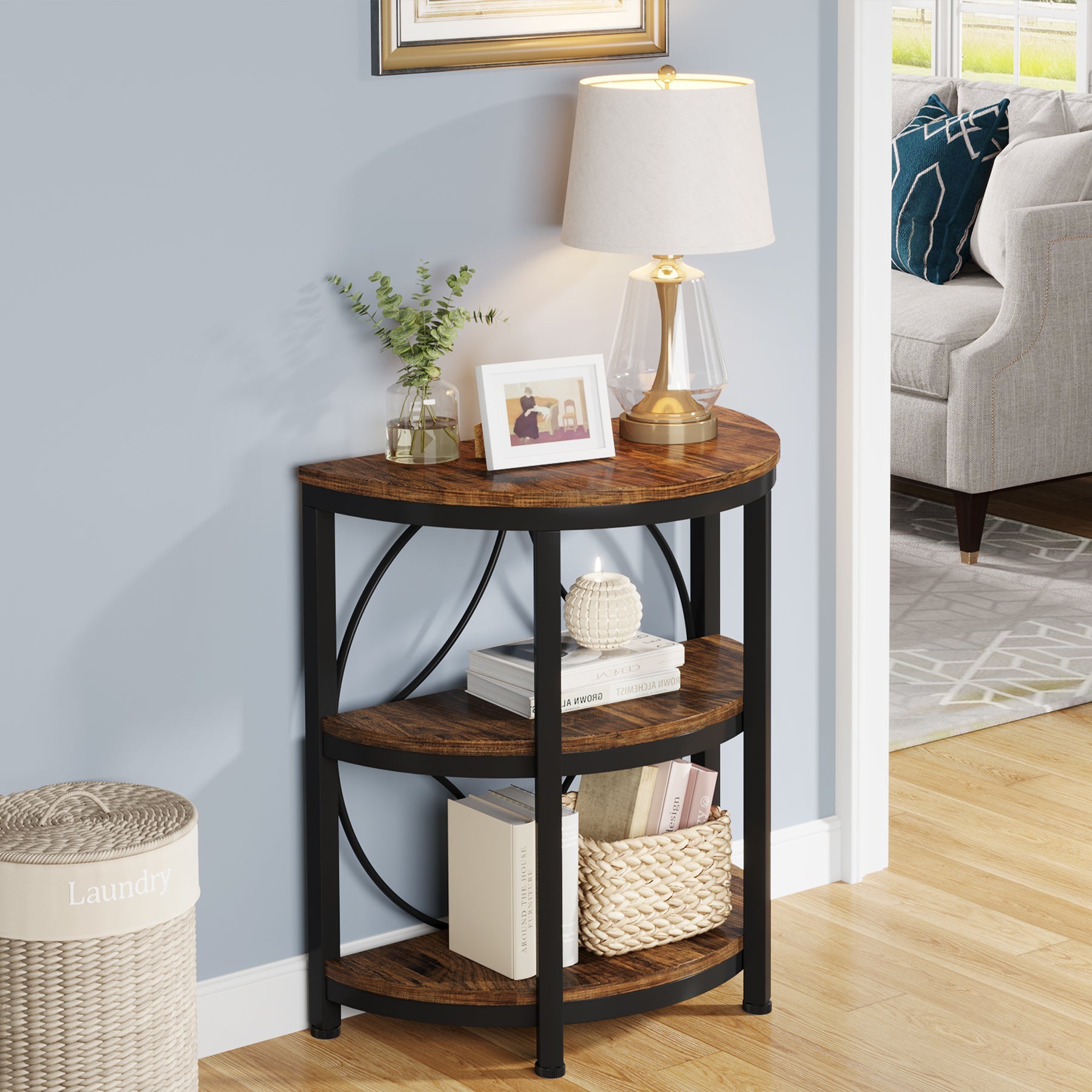 Half-Round End Table, 3-Tier Narrow Side Table with Metal Frame