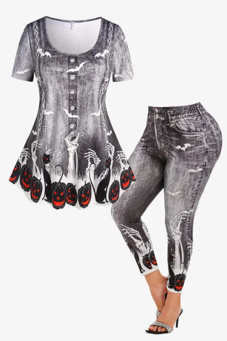 3D Denim Skeleton Pumpkin Print T-shirt and Halloween Skeleton Cat 3D Leggings Plus Size Outfit