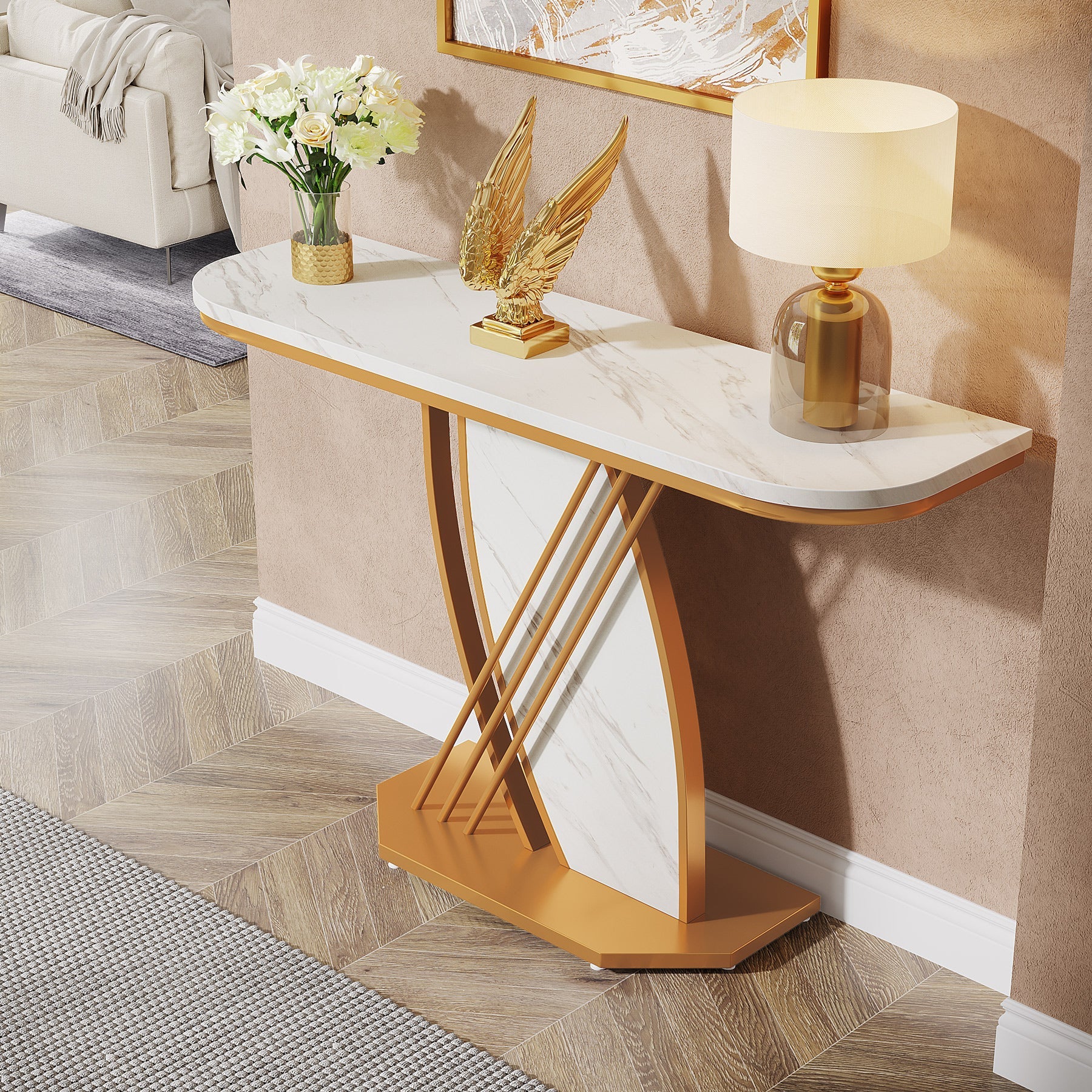 Modern Console Table, Faux Marble Sofa Table with Geometric Metal Legs