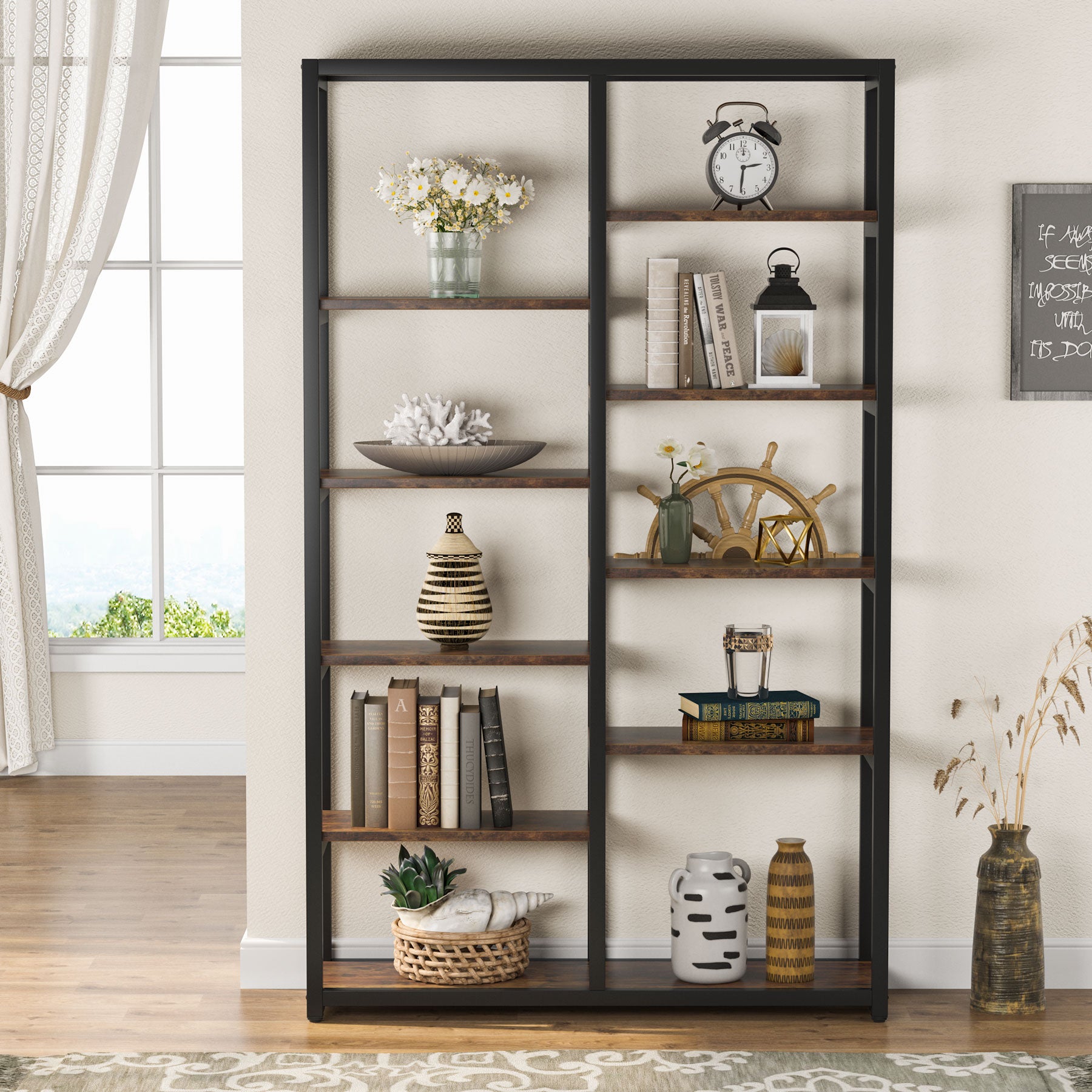 Industrial Bookshelf Bookcase, 10-Open Shelf Etagere Bookcase