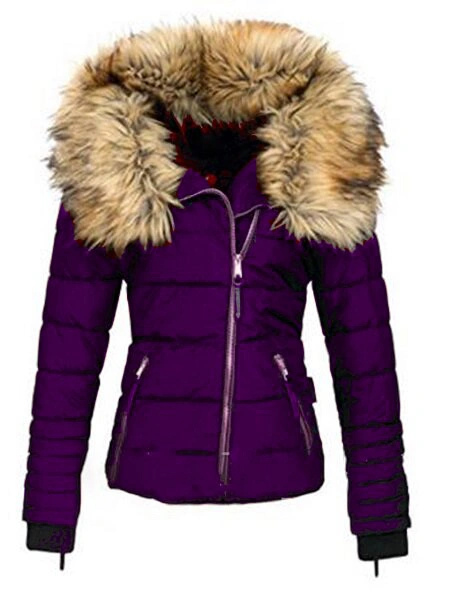 Faux fur collar zipper patchwork women's coat/black