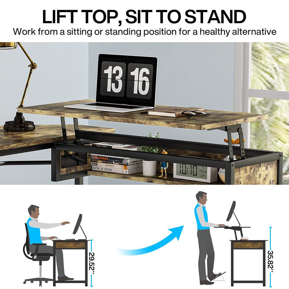 Lift Top L-Shaped Desk, Sit to Stand Corner Computer Desk with Shelves