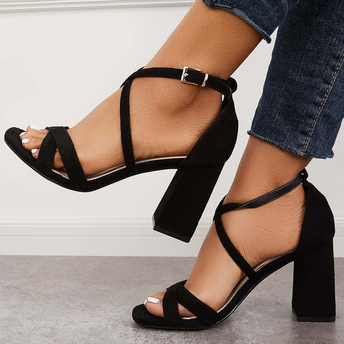 Criss Cross Strappy Chunky Block Heels Ankle Strap Sandals