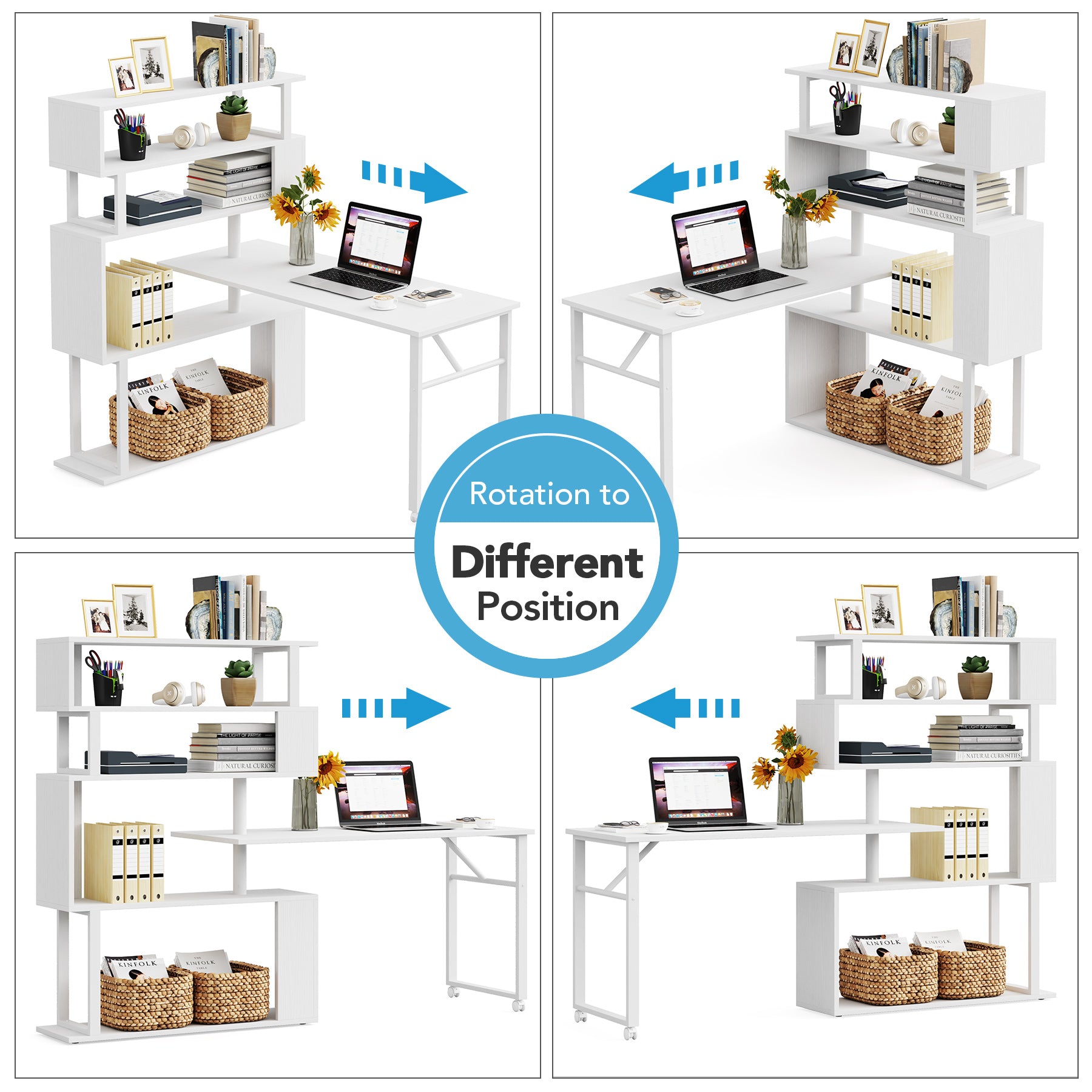 Rotating Desk with 5-Tier Bookshelf, Reversible Computer Desk with Wheels