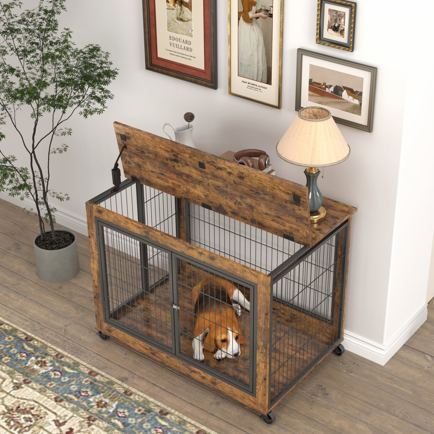 BATE Dog Crate for Small Medium Dogs， Furniture-Style Dog Kennel Cages with Wheels， Brown